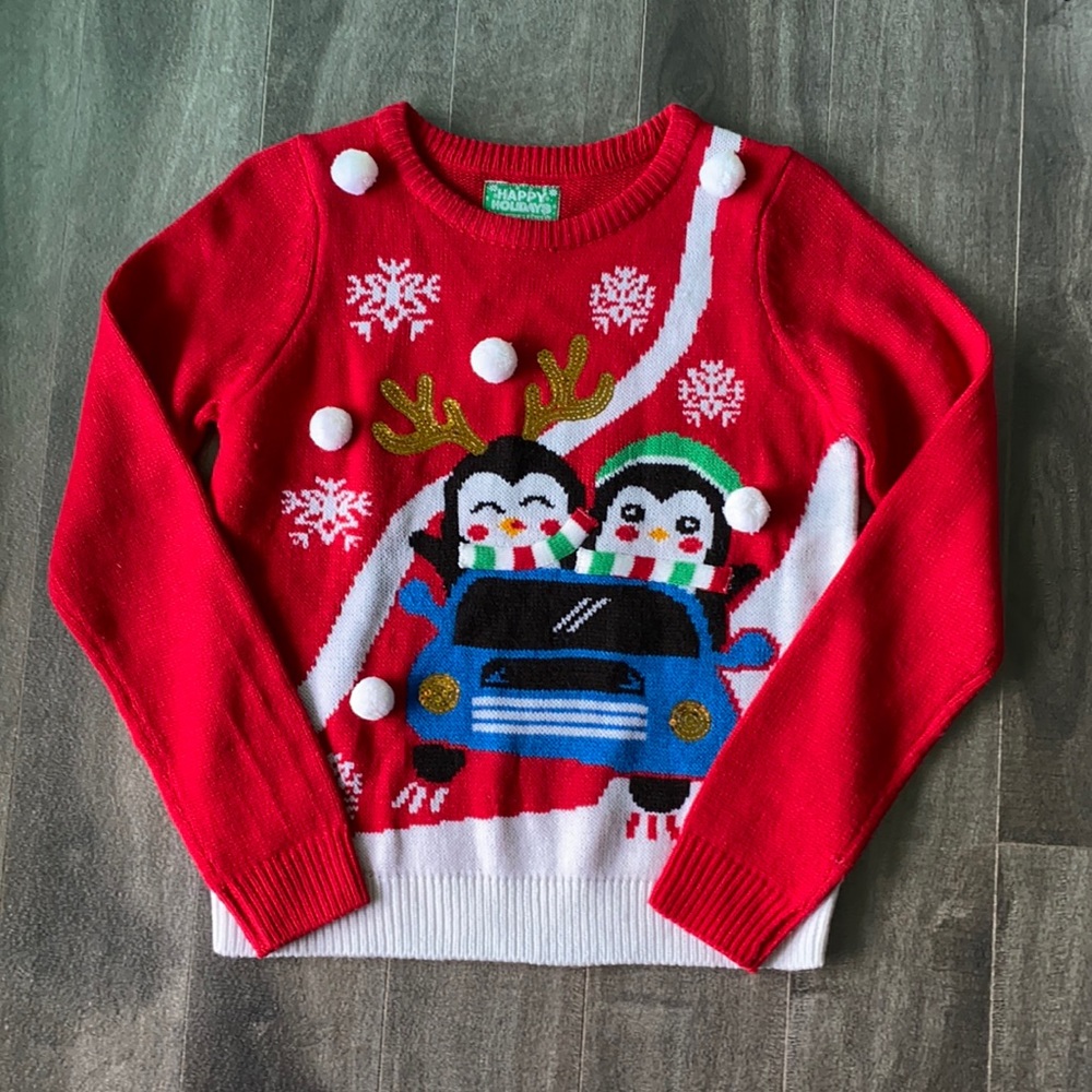 Youth Ugly Christmas Sweater - penguin in car
